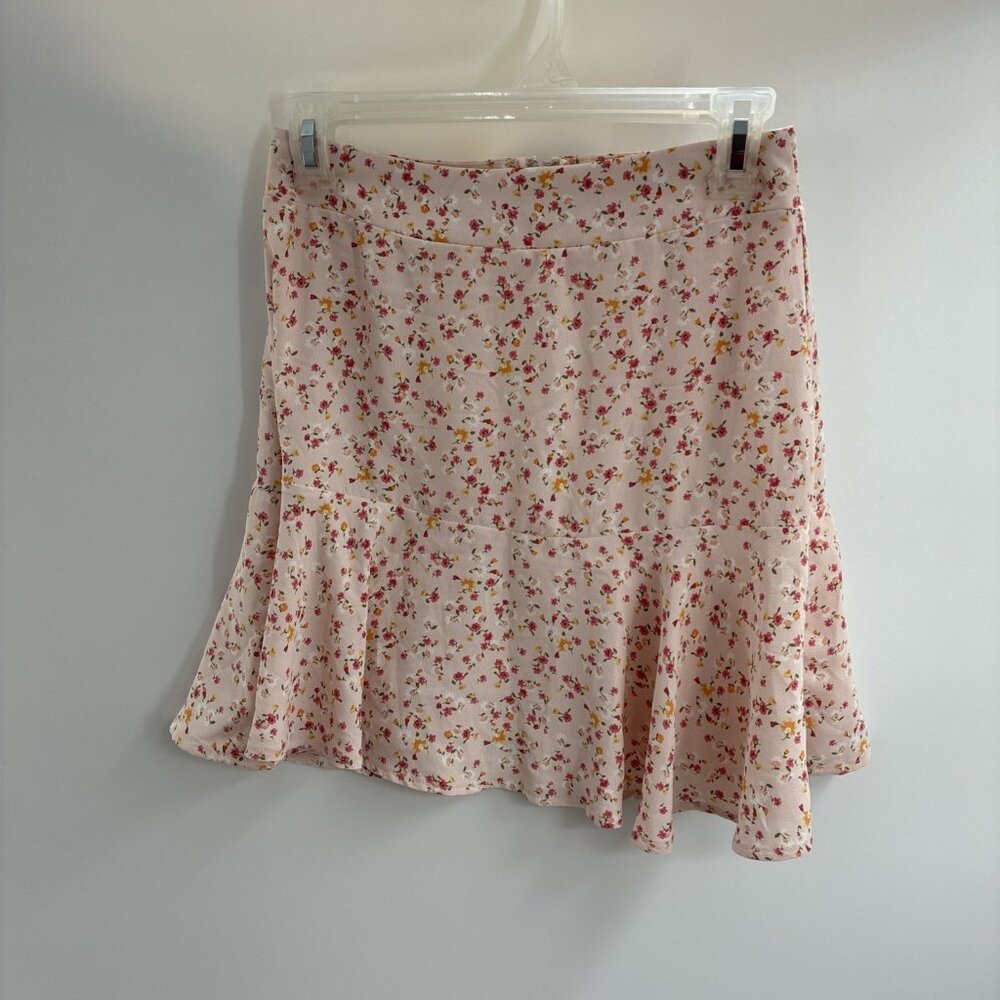 Mi Ami Womens XS Skirt Pink Floral Ruffle Hem Mini Skirt Lightweight